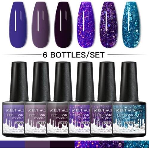 MEET ACROSS Color Gel Nail Polish Set 2/4/6pcs Pure Glitter Color Soak Off UV Gel Nail Art Base Matte Top Coat Gel Nail Polish