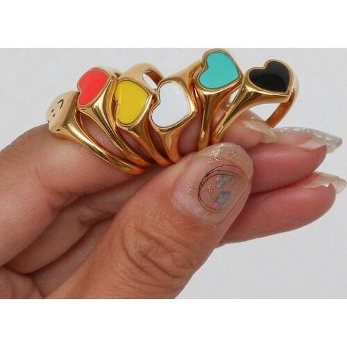 Cute Colorful Enamel Red Yellow Blue Black White Small Heart Ring Ladies Girls Korean Titanium Steel Smile Gold Ring