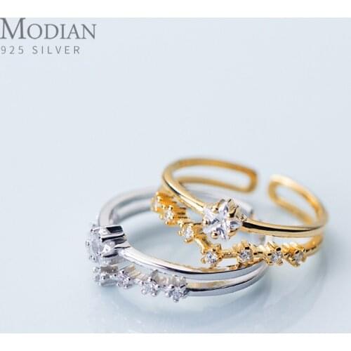 Modian Luxury Free Size Wedding Engagement Ring for Women 925 Sterling Silver Shiny Zircon Double Layer Pentagram Ring Jewelry