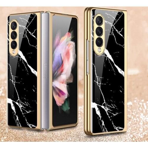 Marble Tempered Glass Case For Samsung Galaxy Z Fold 3 Case Luxury Plating Hard Back Cover For Galaxy Z Fold3 5G
