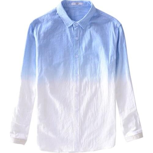 2019 New Gradient Color Shirt Men Spring Summer Linen Cotton Long Sleeve Shirts For Men Asian size