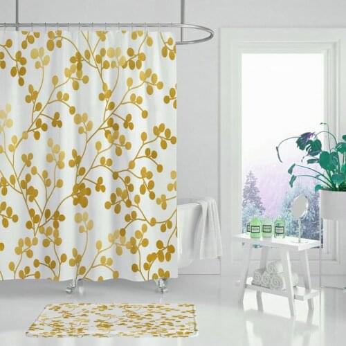 180x180cm Golden Leaf Curtain Set Beautiful Flower Polyester Shower Curtain Toilet Cover Mat Non-slip Bath Carpet Cover