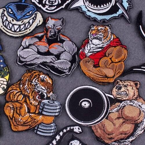 Animal Iron on Patches for Clothing Stripes DIY Punk Clothes Stickers Bear Shark Patch Tiger Dog Embroidered Patches On Clothes