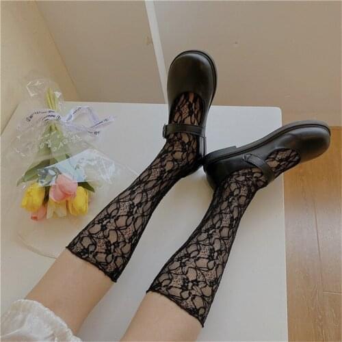 Sexy Transparent Lace Socks Women Floral Thin Long Stocking Girls Knee Socks Leg Dress Calcetine Streetwear High Elastic