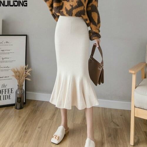 NIJIUIDNG 2020 Autumn New Nylon Knitting Skirts Ladies Vintage Elastic High Waist Ruffles Solid Mermaid Mid Calf Skirts Female