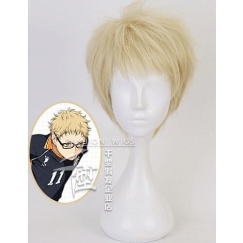 30cm Anime Haikyuu Kei Tsukishima Wig Cosplay Wigs Playing Short Light Golden Hair Hair Halloween 1:1 Wigs Cap