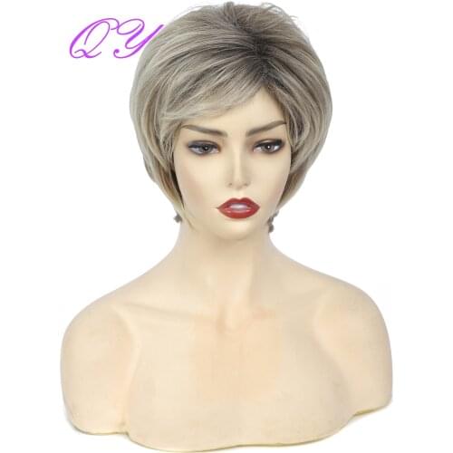 QY Hair Short Curly Blonde Mix Brown Color Synthetic Wigs for Women Party or Daily Use Hair Wigs