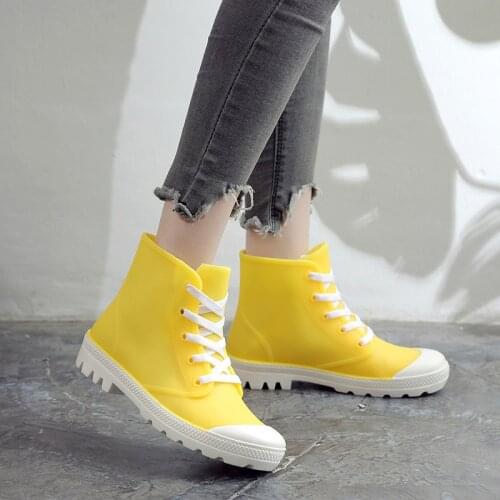 New Fashion Rain Boots Women Shoes Candy Color Non-slip Jelly Shoes Woman Ankle Boots Lace Up Waterproof Gum'd Boots