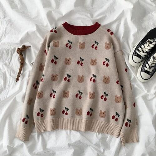 Kawaii Sweater Bear Print O-Neck Long Sleeve Top Korean Fashion Clothing Pullover Jumpers Knit Pullover Autumn Vintage Sweater