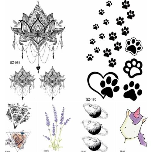 Black Small Paw Temporary Tattoo Women Body Arm Henna Lotus Pendant Tattoo Stickers Girls Fashion Ankle Unicorn Fake Tatoos DIY