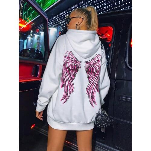 Girls Loose Long Hoodie, Spring Autumn Ladies Leisure Style Creative Letter Wing Printing Long Sleeve Hooded Tops streetwear