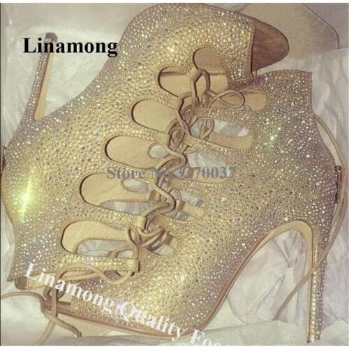 Linamong Bling Bling Peep Toe Rhinestone Stiletto Heel Pumps Lace-up Cut-out Crystal High Heels Gladiator Shoes Wedding Shoes
