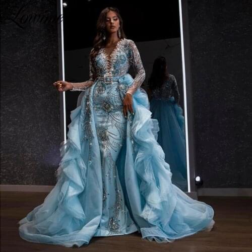 Dubai Crystals Muslim Evening Dresses 2021 Saudi Arabic Long Sleeves Formal Arabic Party Dress V Neck Plus Size Prom Dress Robes