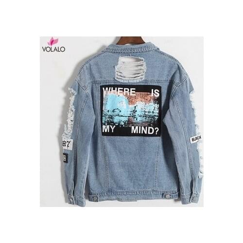 Women Frayed Denim Bomber Jacket Appliques Print Where Is My Mind Lady Vintage Elegant Outwear Autumn Fashion Coat VOLALO 2020