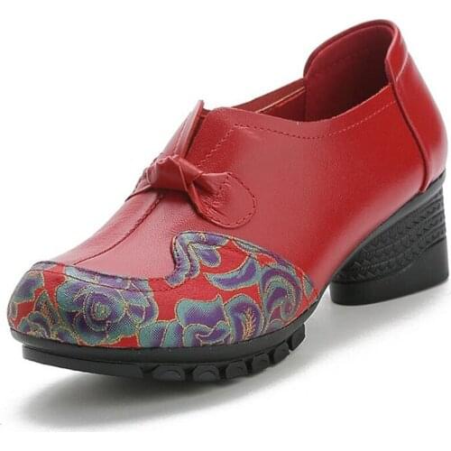 Spring Printing Cowhide Round Head Mixed Color Women High Heel Shoes Deep Mouth Comfort Genuine Leather Shoes Mom Fashion Shoes