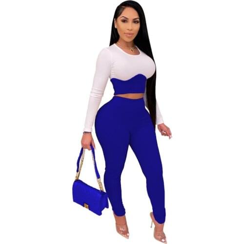 2021Fashion Round Neck Contrast Color Ladies 2Piece Set Autumn Long Sleeve Ladies Sportswear Set Slim Fit Long Sleeve Two Pieces