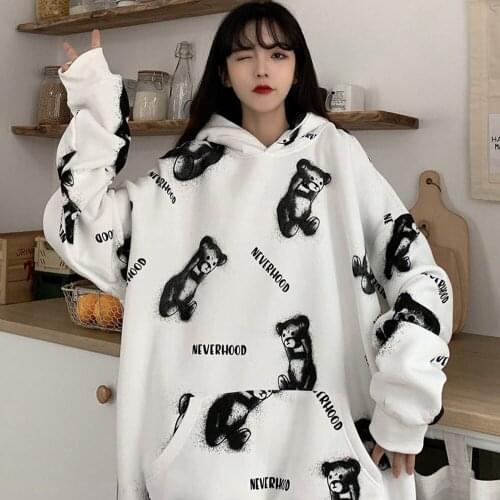 Womens Harajuku Cartoon Bear Print Sweatshirt Women Spring Autumn Plus Velvet Padded Hoodie Casual Pullover Street Loose Top