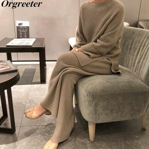 2020 Fall Winter Women Sweater Two Piece Knitted Sets Jacquard Tracksuit Chic Split Pullover Long Sleeve Top Wide Leg Pants Sets
