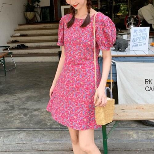 Women Sweet Floral Dresses Round Neck Summer Dress Fashion Puff Sleeve Mini Dress