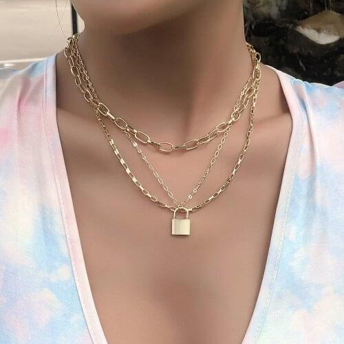 Vintage Gold Thick Chain Lock Geometry Pendant Necklaces For Women Female 2020 New Multilevel Fashion Necklace Jewelry Gift