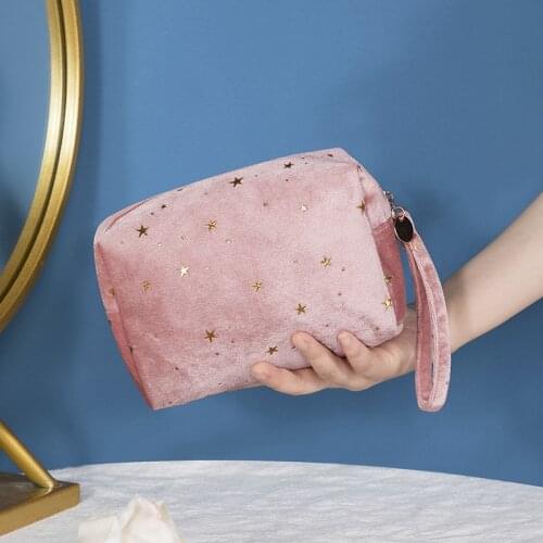 1pcs Vintage Women Velvet Cosmetic Bag Zipper Gold Star Makeup Bag Solid Color Female Travel Make Up Pouch Beauty Case