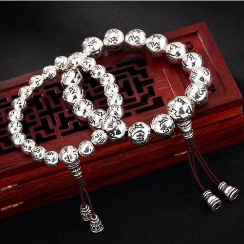 100% 925 Sterling Silver Elastic Rope Bracelet Vintage Buddha Bead Mantra Bracelet for Men Women Thai Silver Bracelet Jewelry