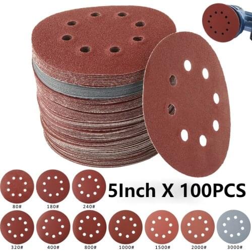 100Pcs 5Inch 125mm Round Sandpaper Eight Hole Sanding Disk Set 80-3000 Hook & Loop Abrasive Sander Paper