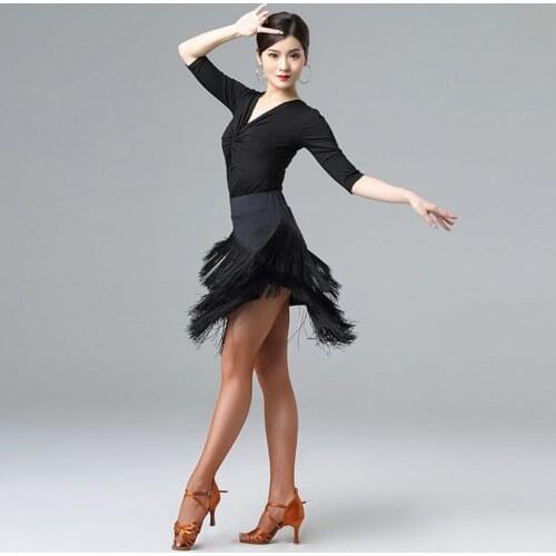 2021 New 7002 Long Sleeve Tops Latin Dance Dress Women Tassel Skirt Dancing Performance Dress for Ballroom Samba Tango