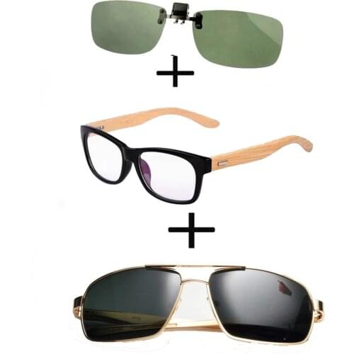 3Pcs!!! Comfortable Wooden Squared Frame Reading Glasses for Men Women + Alloy Polarized Sunglasses Outdoor + Sunglasses Clip