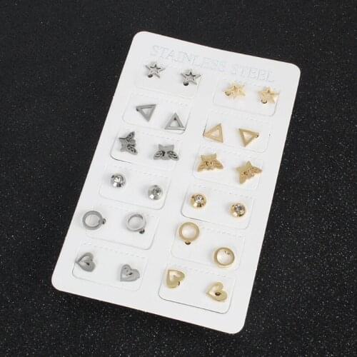 634D 12 Pairs Stainless Steel Heart Star Moon Round Stud Earrings Women Cute Bar CZ Butterfly Stud Earrings Fashion Jewelry