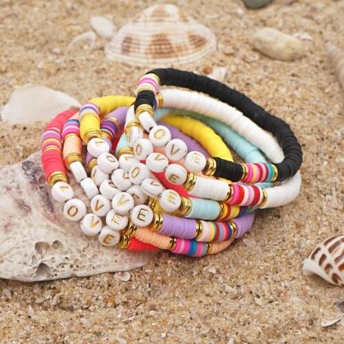 Go2Boho 6mm Heishi Bracelets Golden LOVE Letter Bracelet Polymer Clay Pulsera Summer Beach Jewelry For Women Party Jewellery