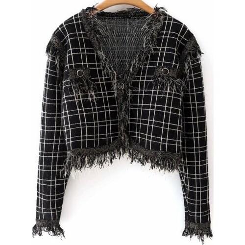 ZXQJ Women 2021 Fashion Fringe Check Knitted Cardigan Sweater Vintage Long Sleeve Female Outerwear Chic Tops