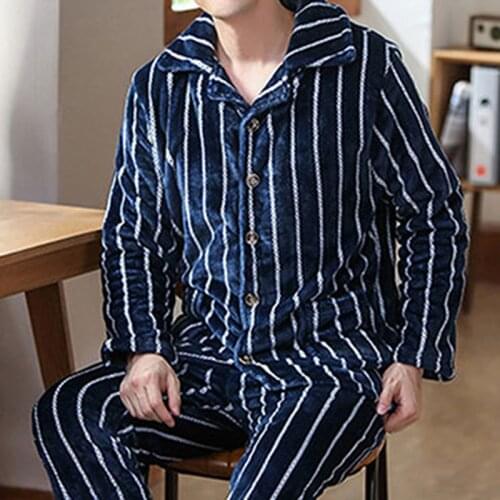 Man Plus Sleepwear Sets Autumn 2 Pcs Casual Button Turn Down Collar Tops Elastic Waist Pants Fashion Male Pajama Homewear
