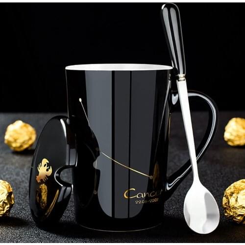 VIP кружки Ceramic Mugs 12 Constellations Creative Mugs with Spoon Lid Black and Gold Porcelain Zodiac Milk Coffee Cup Drinkware
