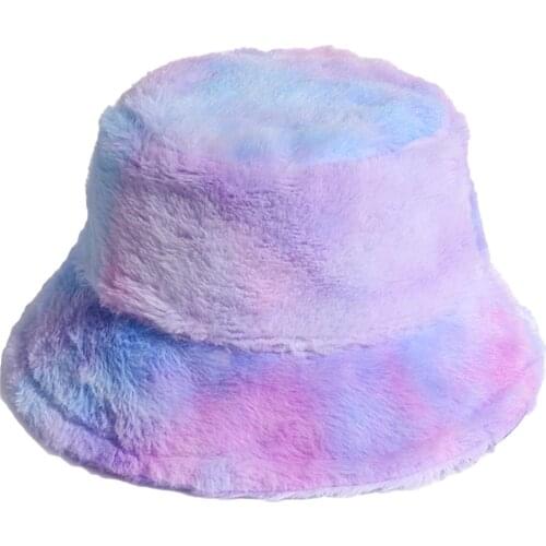 Fashion Bucket Hat For Women Plush Winter Warm Keeping Rainbow Tie Dye Cap Fisherman Bucket Hat Girl