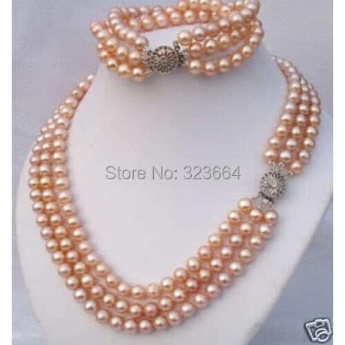 Bride 3 Rows 7-8mm Pink Pearl Jewelry Necklace Bracelet 7.5" Set