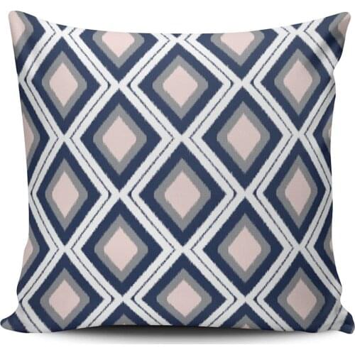 Fall Decorative Throw Pillow Case Pink Gray and White Blush and Navy Diamond Ikat Pattern Pattern Pillowcase Cushion Cover