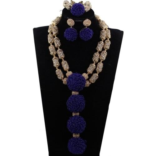 Royal Blue Beaded Pendant Necklace Set Gold Beads Layers Statement African Jewelry Set for Nigerian Wedding Brides WE189