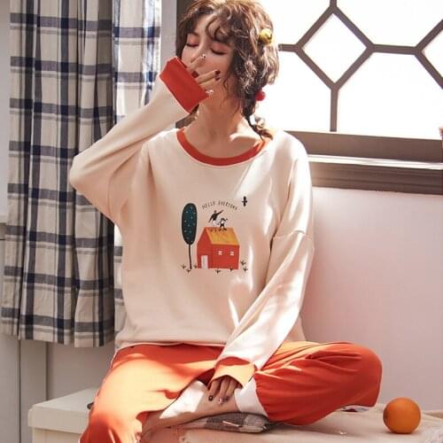 2019 new cartoon long-sleeved trousers two-piece pajamas contrast color stitching sweet wind home service suit can be worn