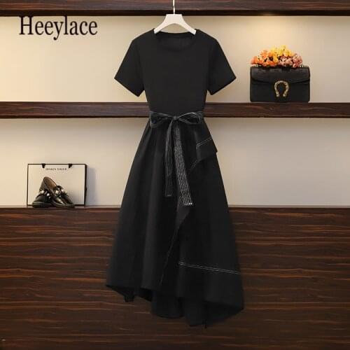 Plus size office ladies elegant black high waist belt long dresses Summer short sleeve irregular A-line maxi dresses korean robe
