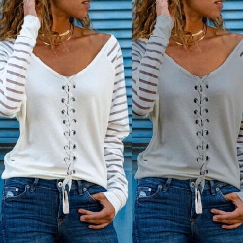 Spring New Fashion Tee Shirt V-Neck Stripe Loose Printed Patchwork Tops Pullover Sexy Long sleeve Vintage Bandage T shirts