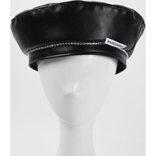 Hat Female Autumn And Winter New Black PU Leather Beret Korean Fashion Flat Top Hand Sewing Drill PU Leather Fashion Hat
