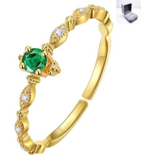 UFOORO Female S925 Sterling Silver Engagement Ajustable Ring Green Crystal Stone Ring Cute Wedding Rings With Box