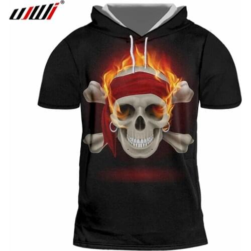 UJWI Man Harajuku Loose Hooded Tshirt 3D Red Flame Skulls Mens Favorite T-shirt Suppliers Best Selling Tee Shirt 5XL