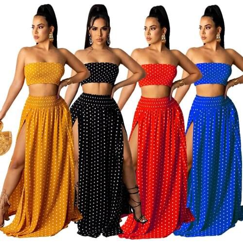 Sexy Skirts Sets Wholesale Two Piece Set Women Strapless Short Crop Top Maxi Skirt Dots Print Matching Set Dropshipping 2021