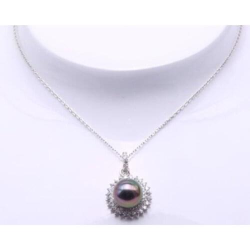 10.0 Black Tahitian Pearl Pendant Necklace South Sea Cultured Pendant in 925 Sterling Silver with Zircon 18 inches