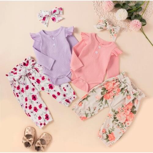 3pcs Infant Baby Girls Clothes Sets 0-18M Ruffles Long Sleeve Romper Flowers Printed Pants Headband 2 Colors