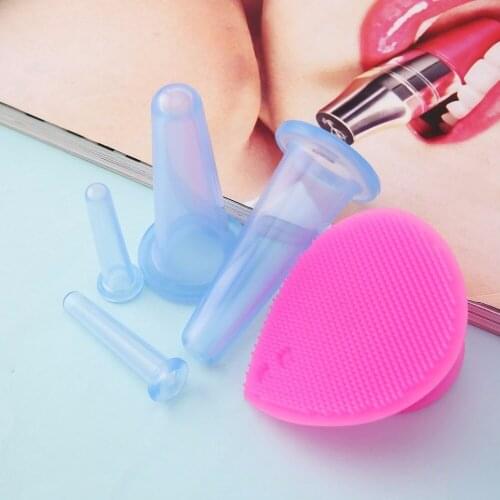 5pcs/set Silicone Face Cupping Cups Jar Vacuum Cans Facial Lifting Body Back Eye Massage+Cleansing Brush Anti-cellulite Massager