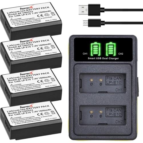 4Pcs 1800mAh LP-E10 LP E10 LPE10 Batteries + LED Dual Bulit-in USB Charger for Canon EOS 1100D 1200D 4000D Kiss X50 X70