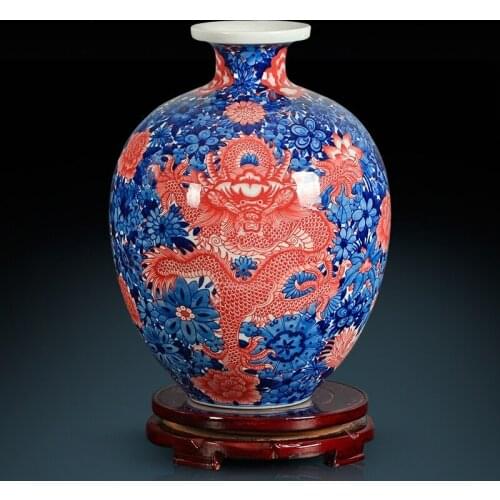 Antique Yong Zheng Handpainted Blue And White Glazed Red Flower vase Five Claw Panlong Flower Living Room Decoration Technol